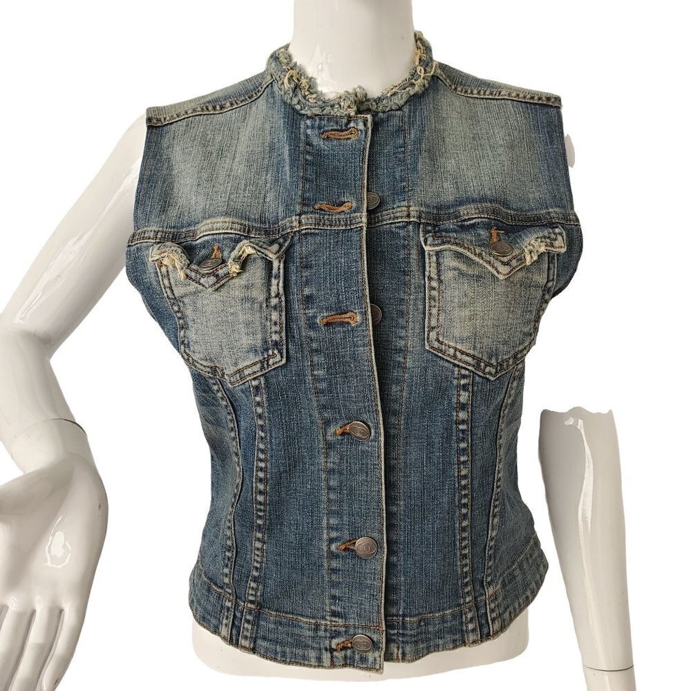 JET Jon Eshaya Denim Vest Sleeveless Med Wash Distress Collarless Womens PSmall